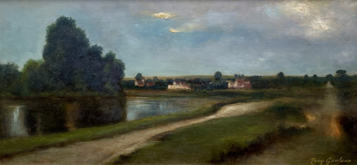 Tony GUALANO (XXe siècle) – Paysage à l'étang - Huile sur panneau-photo-4