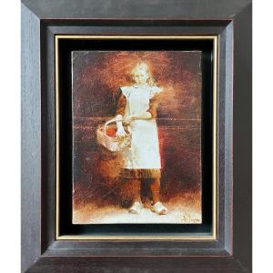 Andrei Zadorine (1960) - Portrait Of A Young Peasant Woman With A Basket - Oil On Panel