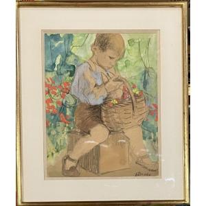 Yvonne Brudo (20th) - Child Seated With A Basket Of Flowers - Watercolor 