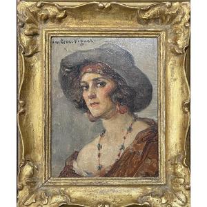 Léonie Humbert-vignot (1878–1960) — Portrait Of A Woman With A Hat — Oil On Panel