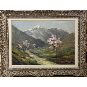 Dieudonné Jacobs (1871–1931) - Alpine Valley With Flowering Trees - Oil On Panel
