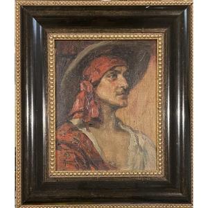 Léonie Humbert-vignot (1878–1960) — Portrait Of A Man With A Red Scarf — Oil On Panel