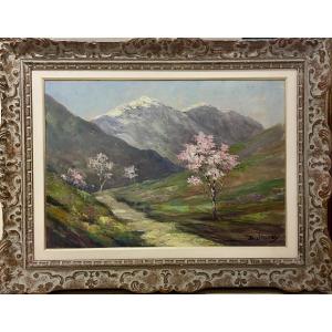 Dieudonné Jacobs (1871–1931) - Alpine Valley With Flowering Trees - Oil On Panel