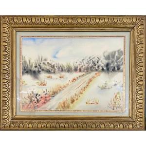 Mendel Mann (1916–1975) - Winter Landscape, Tree-lined Country Road - Watercolor