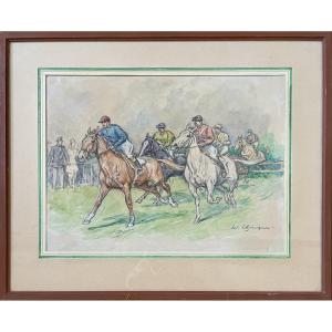 édouard Elzingre (1880-1966) - The Horse Race - Watercolor And Ink