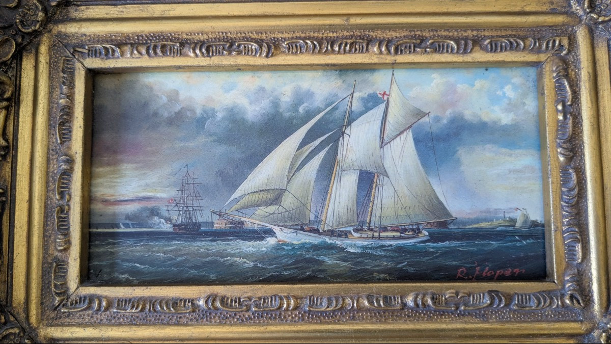 Tableau Marine Huile Sur Bois,  19ème, "leaving Portsmouth Harbour " de R. Hoper-photo-2