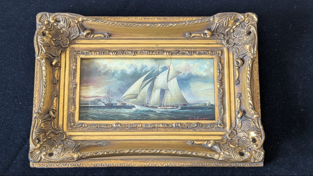 Tableau Marine Huile Sur Bois,  19ème, "leaving Portsmouth Harbour " de R. Hoper-photo-3