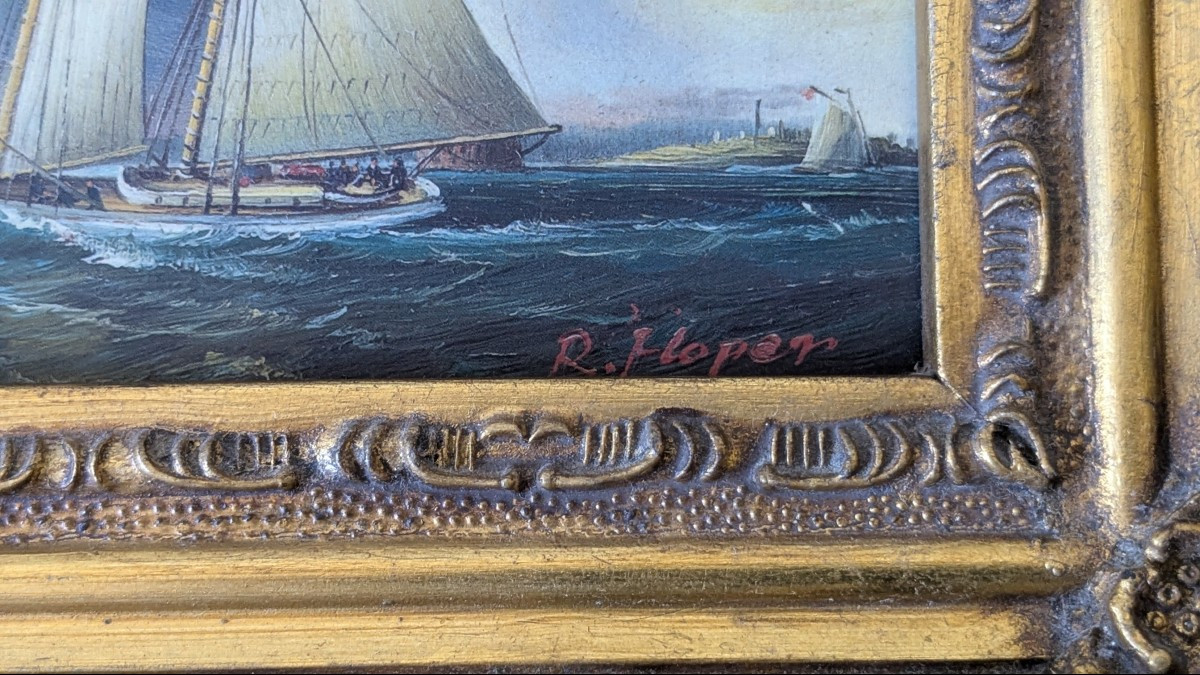 Tableau Marine Huile Sur Bois,  19ème, "leaving Portsmouth Harbour " de R. Hoper-photo-4