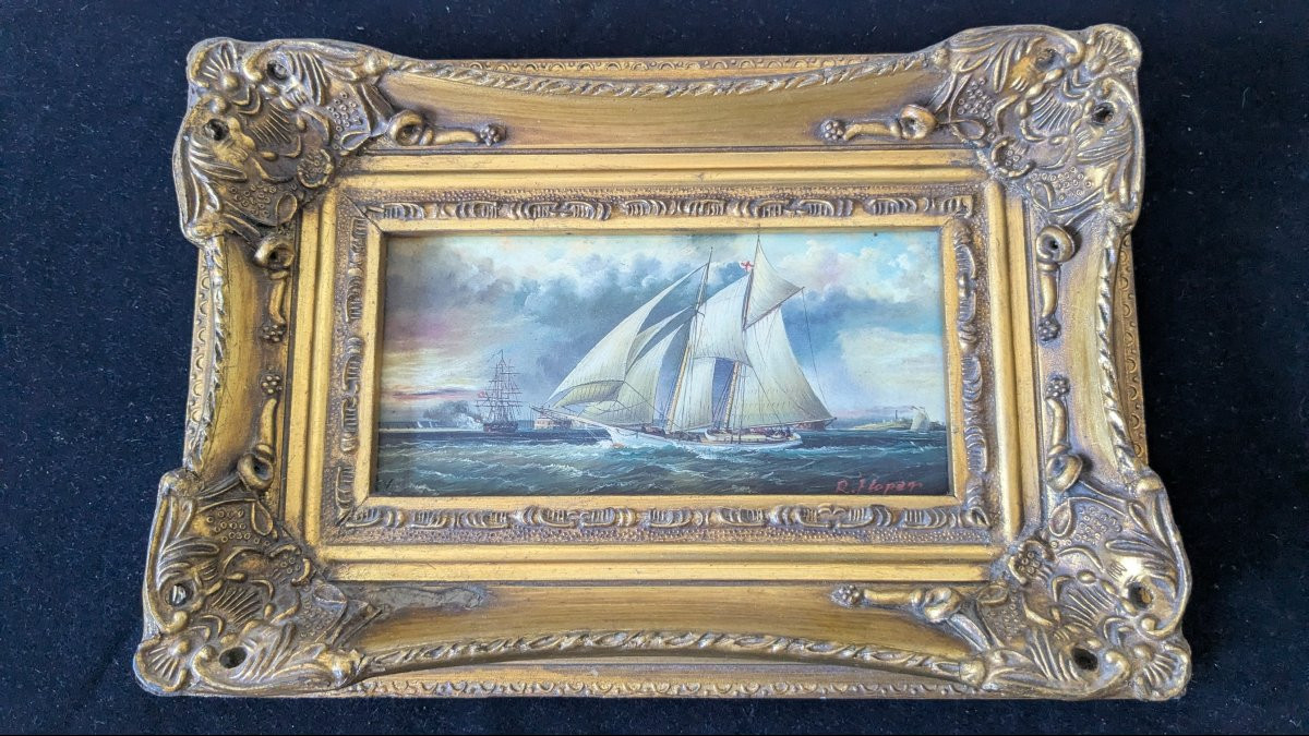 Tableau Marine Huile Sur Bois,  19ème, "leaving Portsmouth Harbour " de R. Hoper-photo-3
