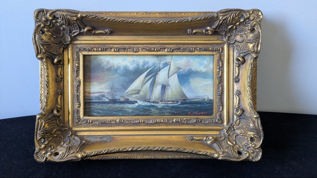 Tableau Marine Huile Sur Bois,  19ème, "leaving Portsmouth Harbour " de R. Hoper-photo-4