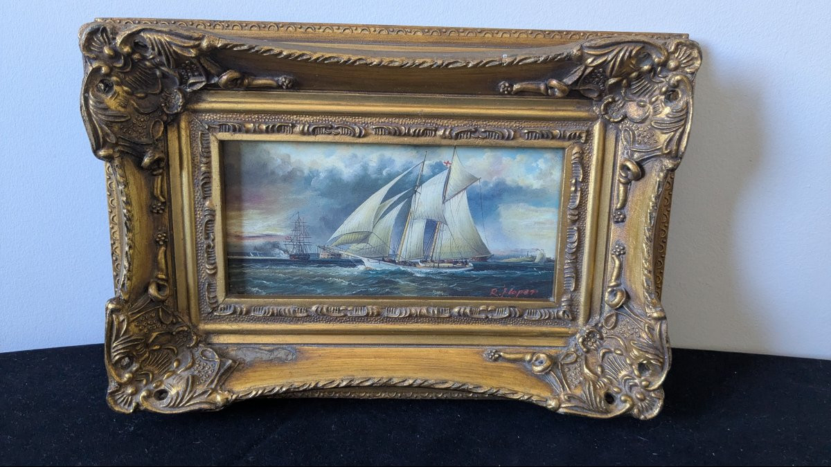 Tableau Marine Huile Sur Bois,  19ème, "leaving Portsmouth Harbour " de R. Hoper-photo-5