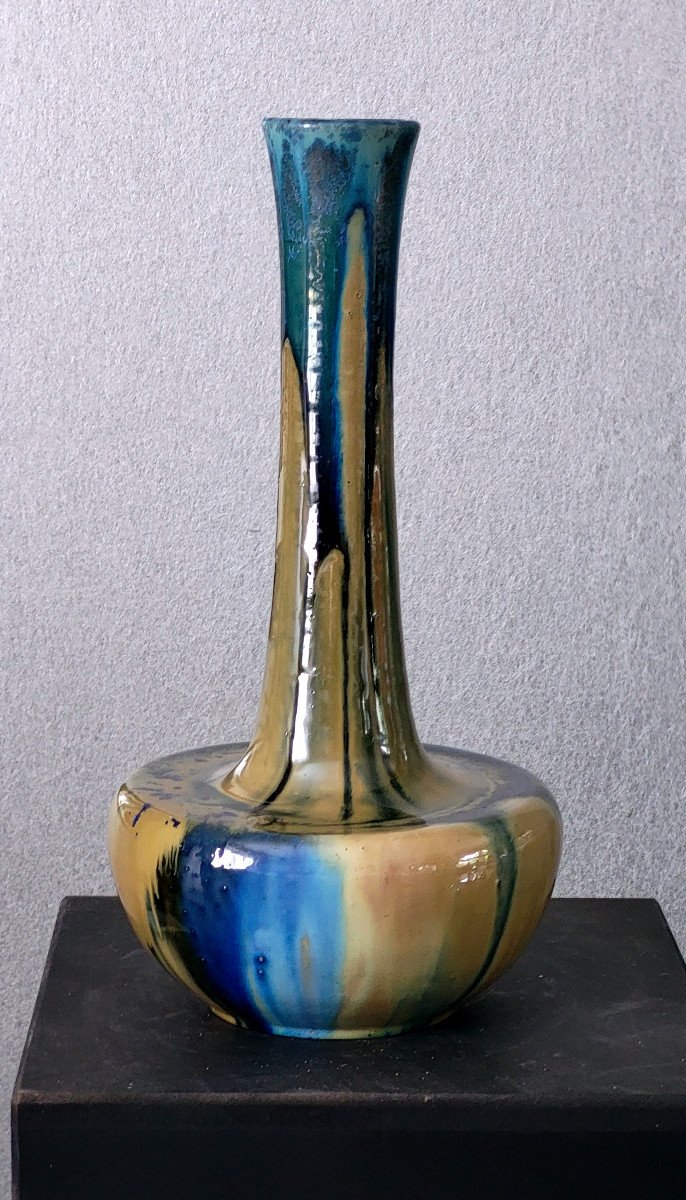 Grand vase Renoleau à base pansu, couleur beige et bleu-photo-1