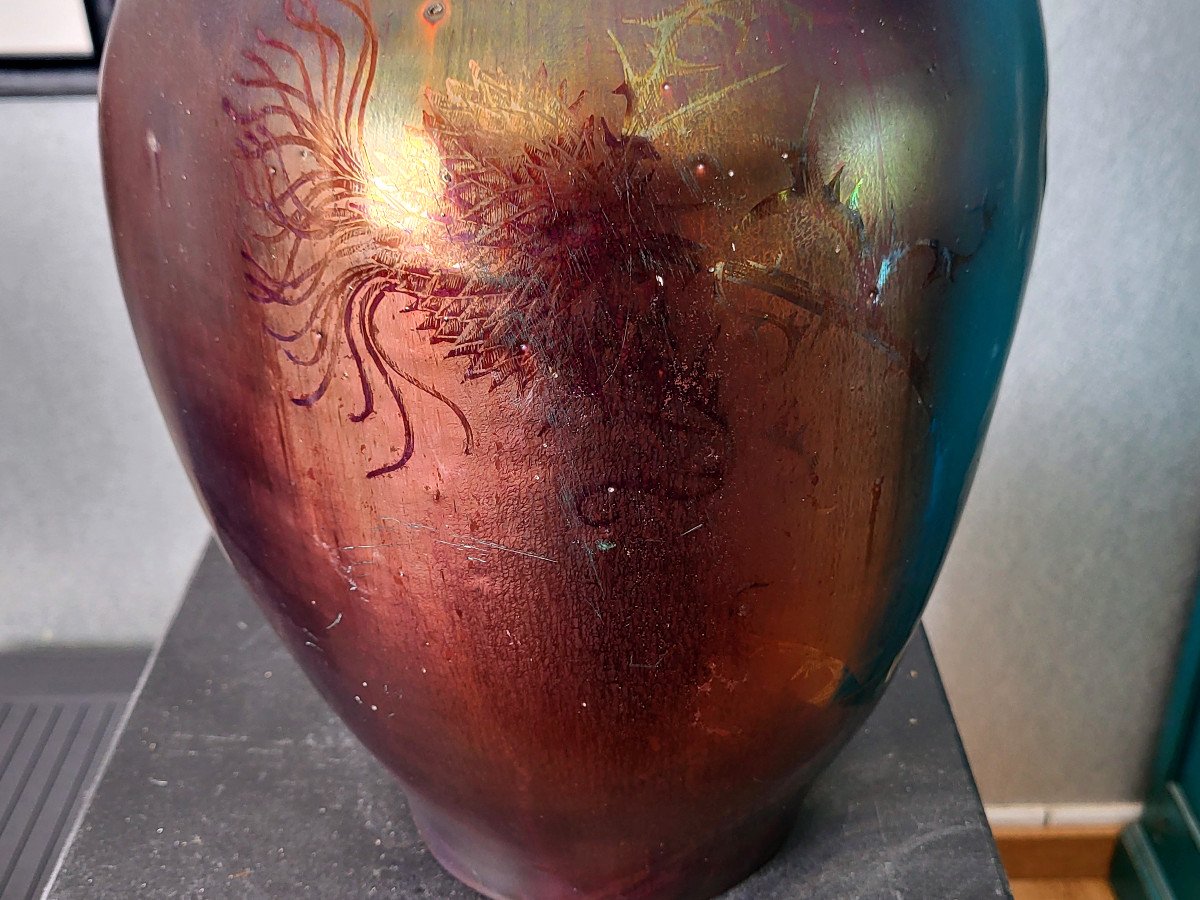 Massier Vase Signed Golf Juan In Glossy Ceramic With Iridescent Decor Of Seahorses And Plants-photo-4