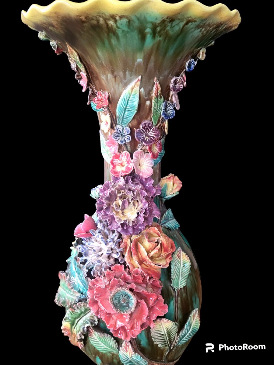 Important Baluster Vase In Barbotine, Floral Decor - 19th Century