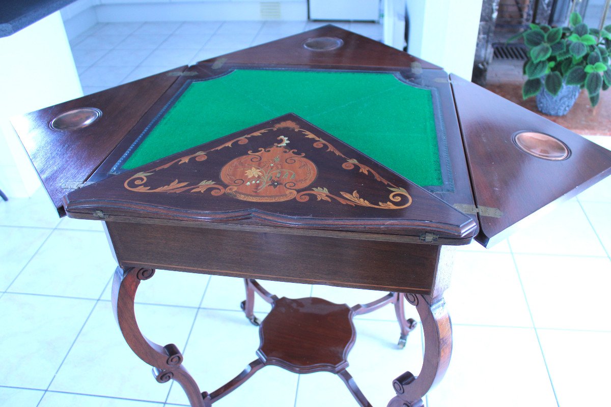 Table à Jeux Mouchoir Marquetterie, Style Edwardien, XXème-photo-4