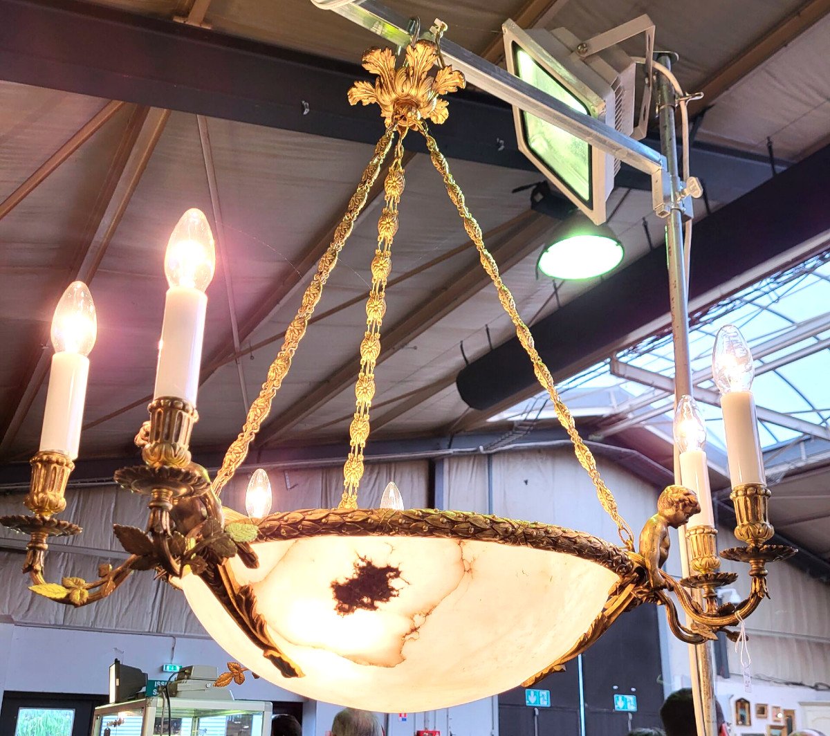 Imposant Lustre En Bronze Doré Décor Angelots XIXème-photo-4
