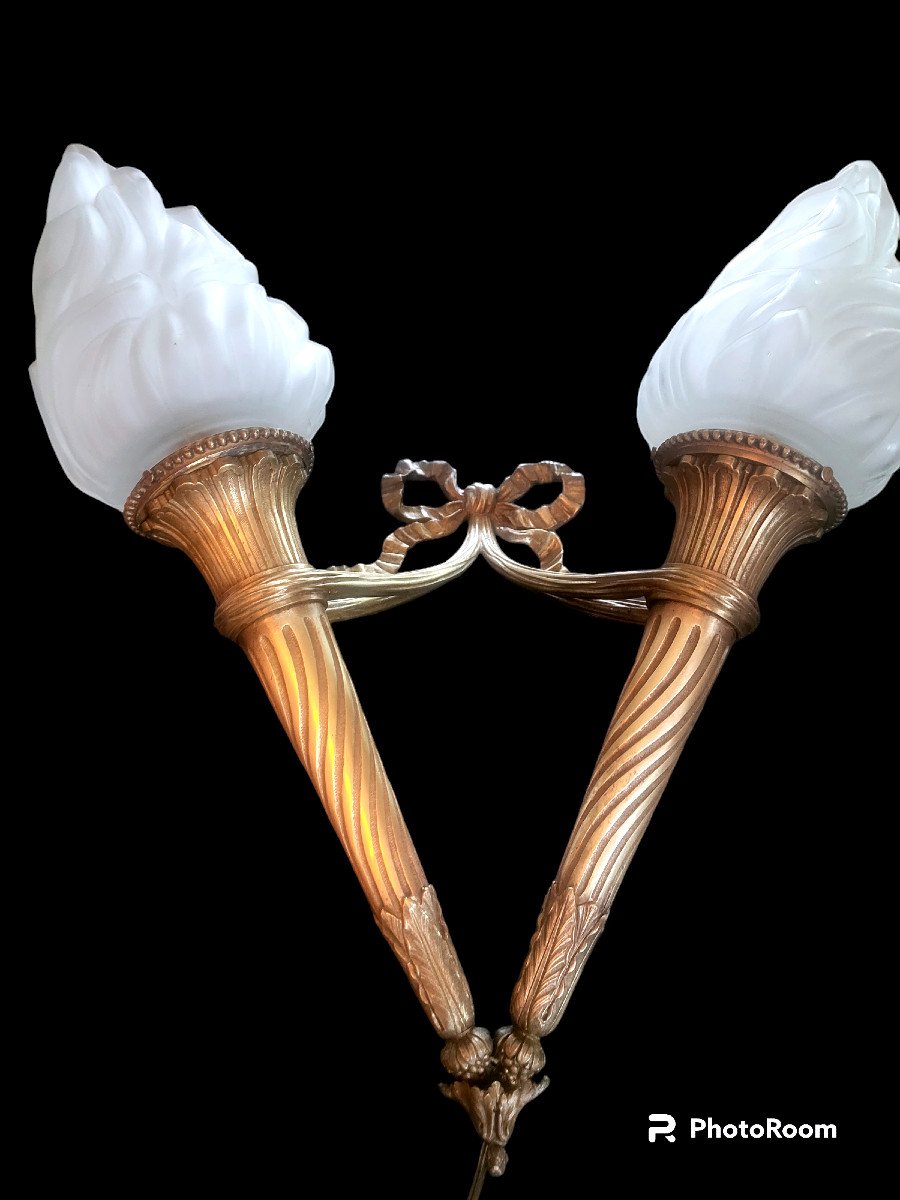 Pair Of Torchiere Sconces In Solid Bronze From The 19th Century-photo-2