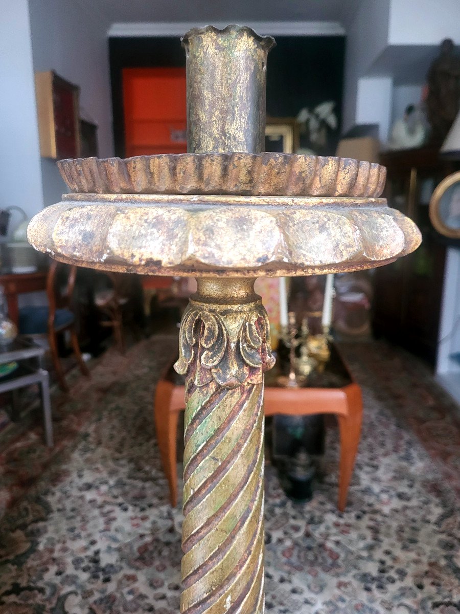 Large Candlestick In Polychrome And Gilded Carved Wood, 18th Century-photo-4