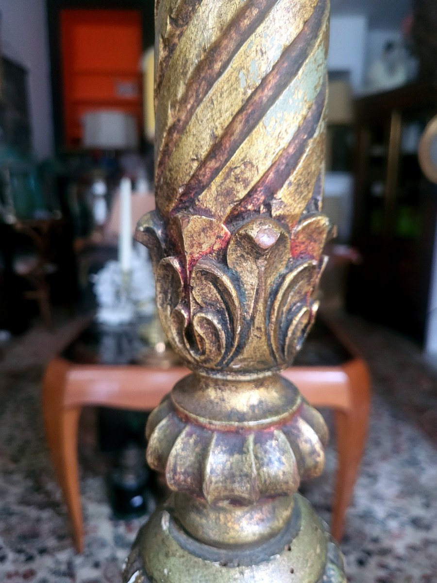 Large Candlestick In Polychrome And Gilded Carved Wood, 18th Century-photo-1