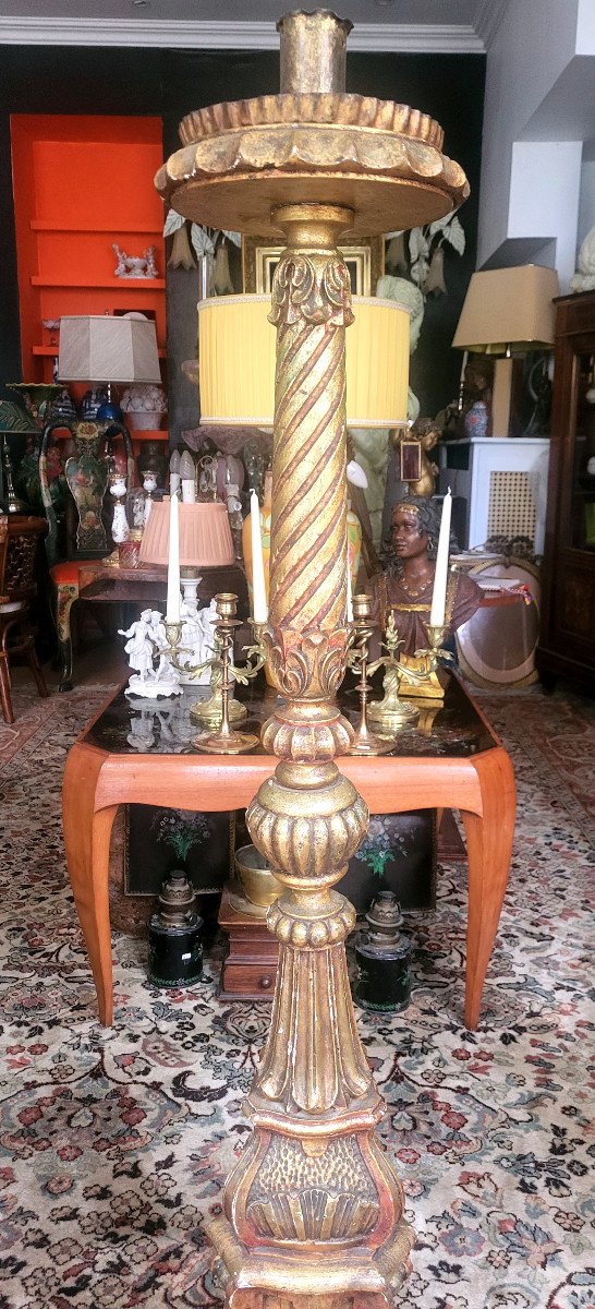 Large Candlestick In Polychrome And Gilded Carved Wood, 18th Century