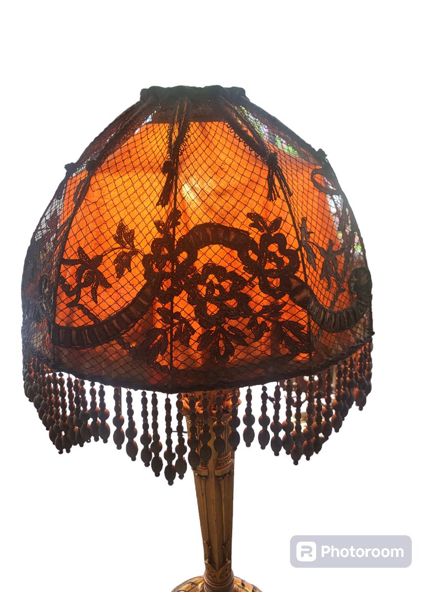 Spectacular Lamp, Golden Wood Base And Lace Lampshade, Art Deco Style-photo-2