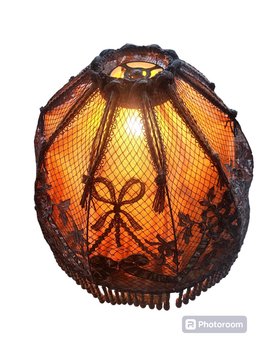 Spectacular Lamp, Golden Wood Base And Lace Lampshade, Art Deco Style-photo-3