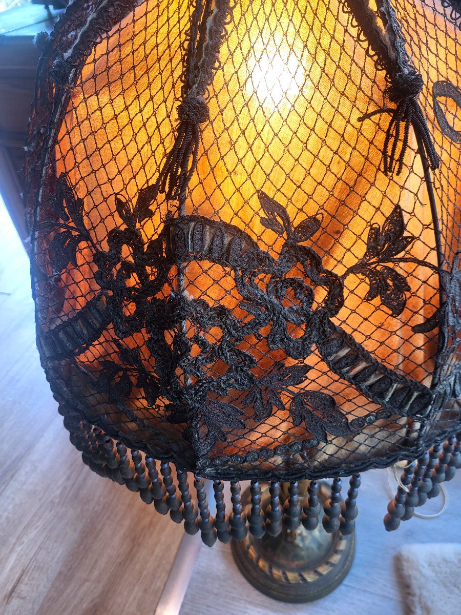 Spectacular Lamp, Golden Wood Base And Lace Lampshade, Art Deco Style-photo-7