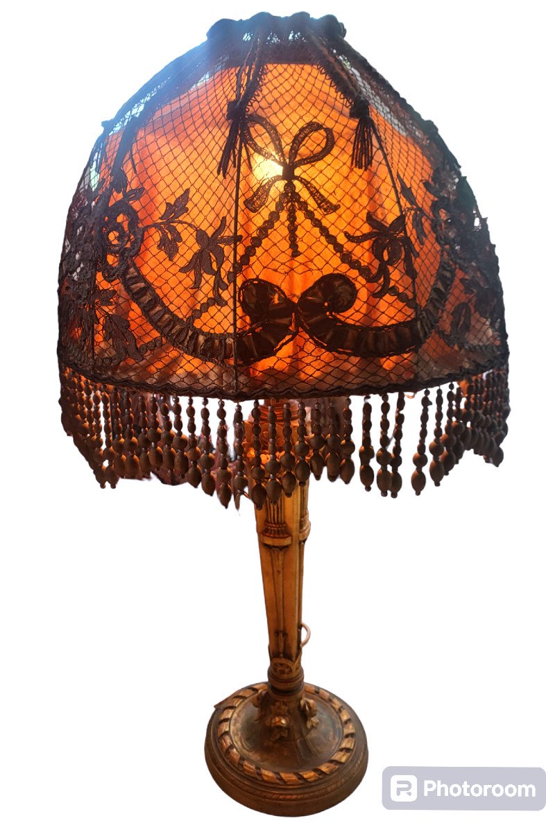 Spectacular Lamp, Golden Wood Base And Lace Lampshade, Art Deco Style