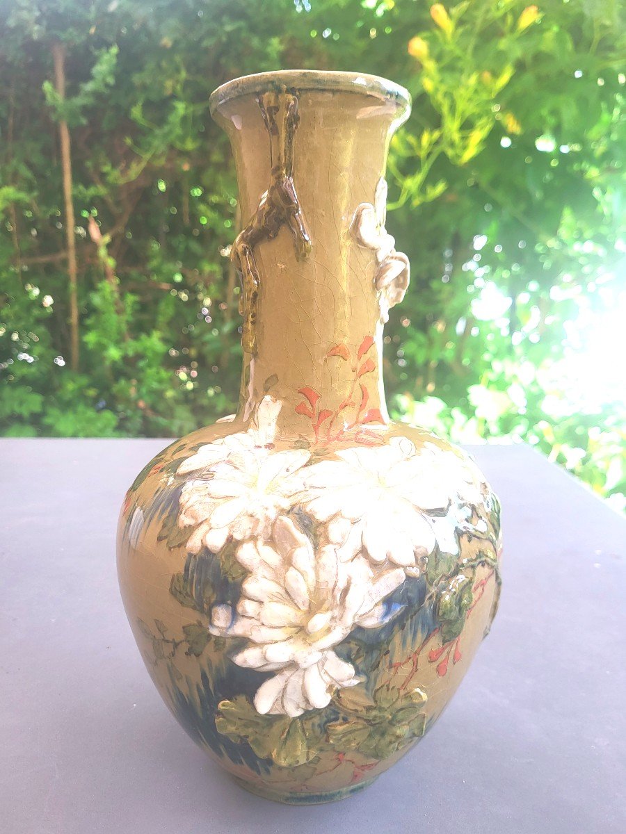 Vase En Faïence Craquelée En Relief Signe Lachenal, époque XIXeme-photo-2