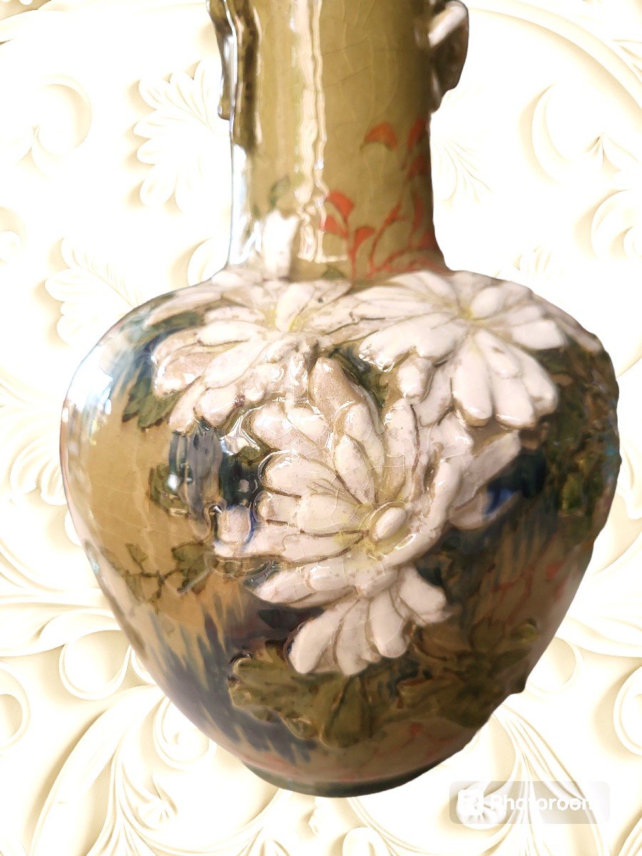 Vase En Faïence Craquelée En Relief Signe Lachenal, époque XIXeme-photo-4