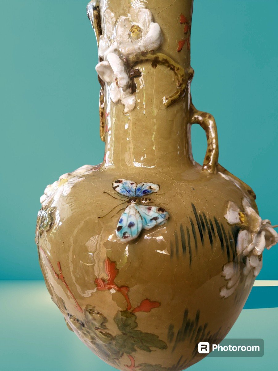 Vase En Faïence Craquelée En Relief Signe Lachenal, époque XIXeme-photo-1