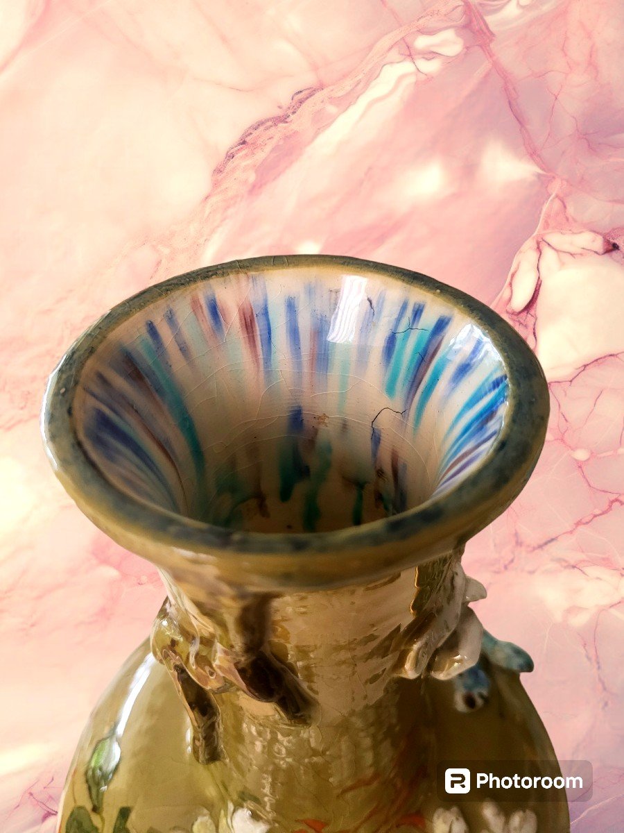 Vase En Faïence Craquelée En Relief Signe Lachenal, époque XIXeme-photo-3