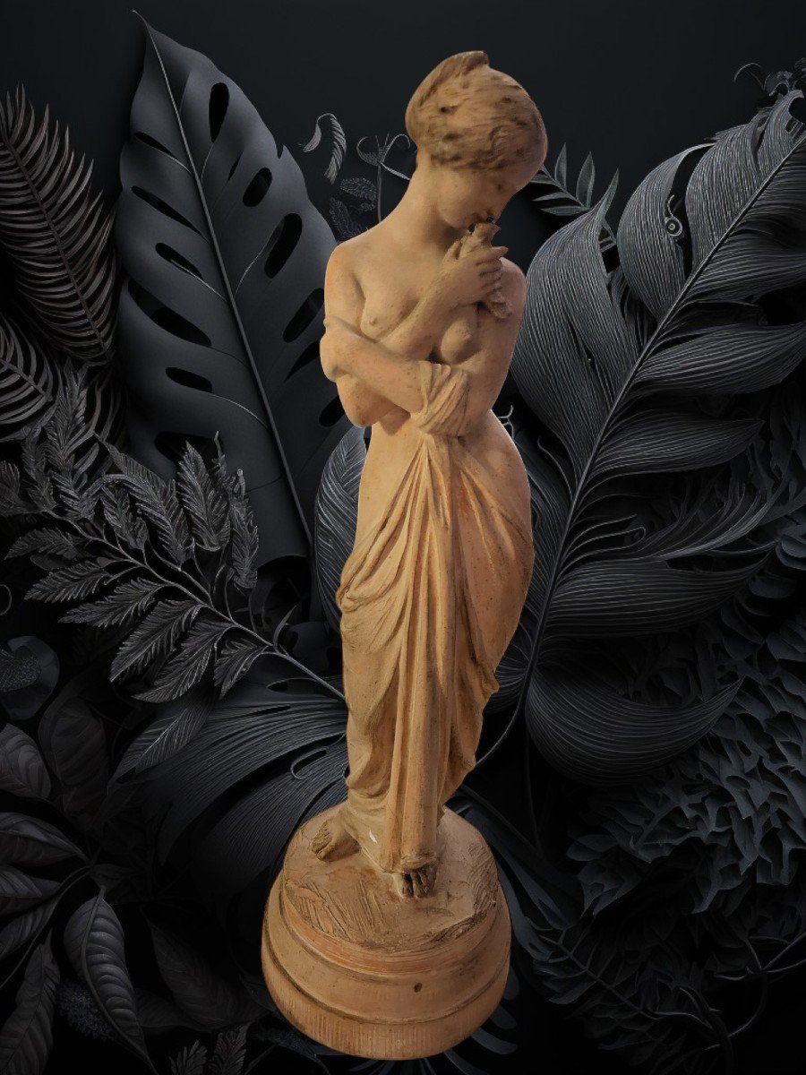 Sculpture En Terre Cuite Lesbie Et Son Oiseau - époque XIXeme