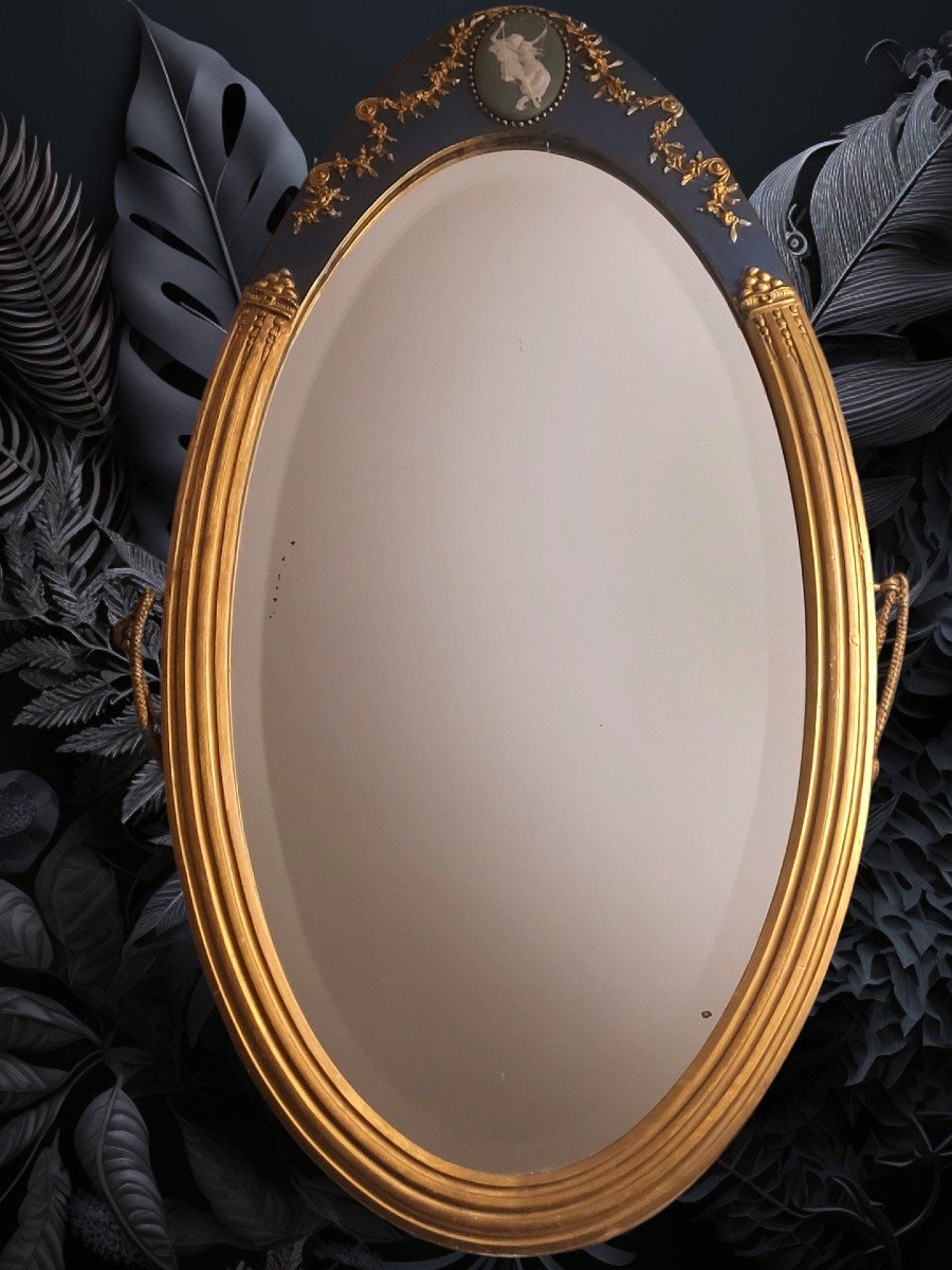 Victorian Beveled Oval Mirror, Wedgewood Giltwood Frame, Art Deco 