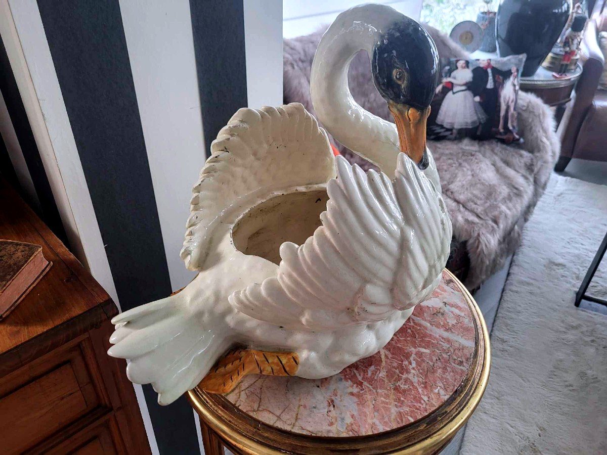 Ceramic Swan Planter Signed Massier - 20th Century-photo-1