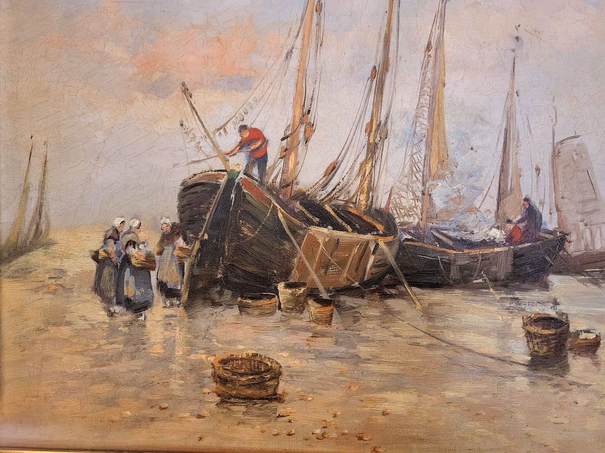 Oil On Canvas, Marine, Fishing Scene From Nord-pas-de-calais, 20th Century-photo-2