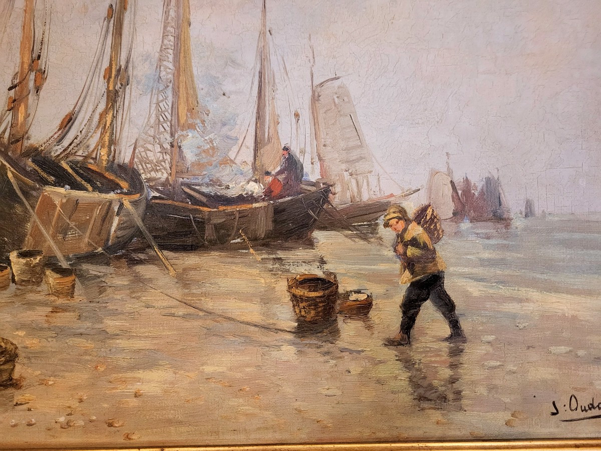 Oil On Canvas, Marine, Fishing Scene From Nord-pas-de-calais, 20th Century-photo-3