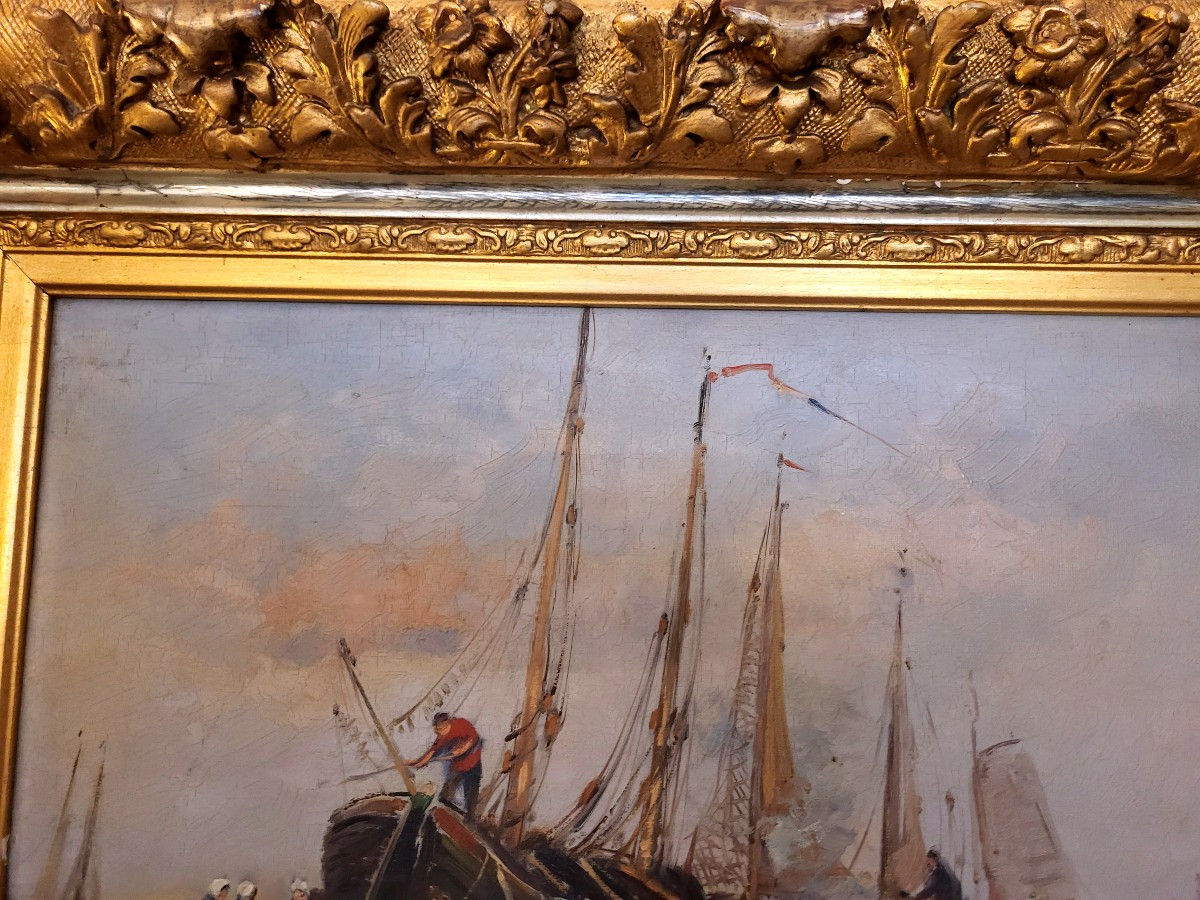 Oil On Canvas, Marine, Fishing Scene From Nord-pas-de-calais, 20th Century-photo-1