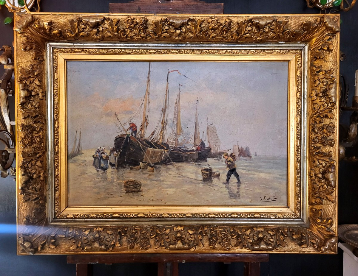 Oil On Canvas, Marine, Fishing Scene From Nord-pas-de-calais, 20th Century