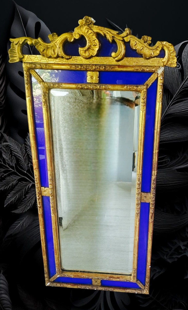 Miroir Venitien 18eme En Bois Doré, Contour Verres Bleu Cobalt-photo-2