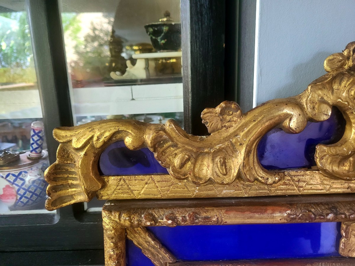 Miroir Venitien 18eme En Bois Doré, Contour Verres Bleu Cobalt-photo-3