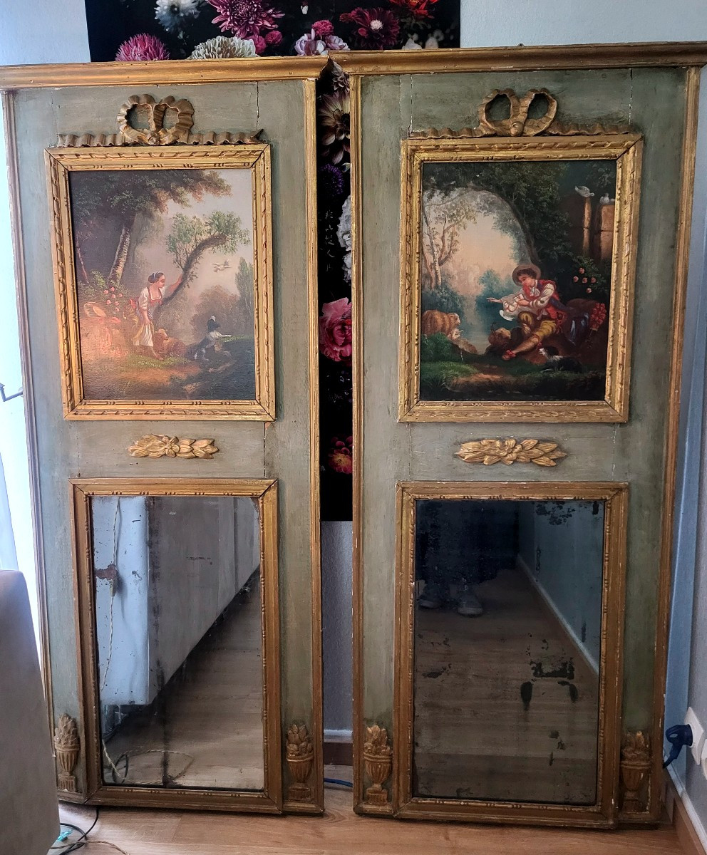 Vraie Paire De Trumeaux D Entre Deux, Peinture Sur Toile, XVIIIeme 