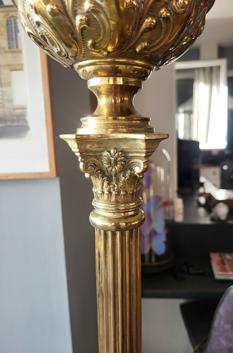 Grande lampe à pétrole bronze et laiton, style Art nouveau - XIXeme-photo-2