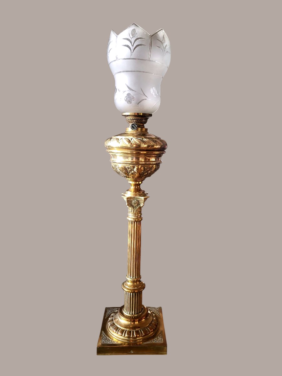 Grande lampe à pétrole bronze et laiton, style Art nouveau - XIXeme