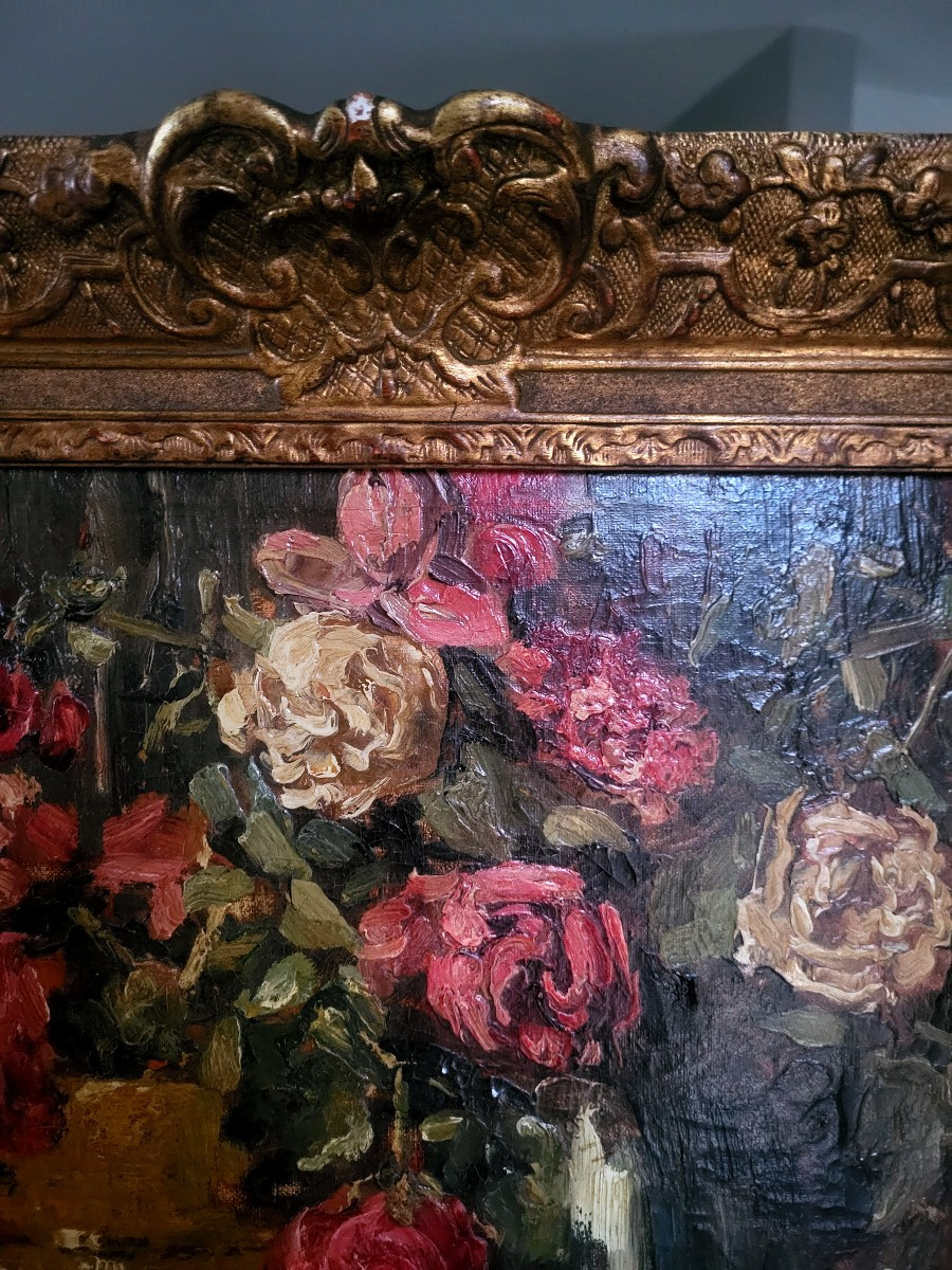 Oil On Canvas, Still Life With Roses Signed Herman Courtens - 19th Century-photo-3
