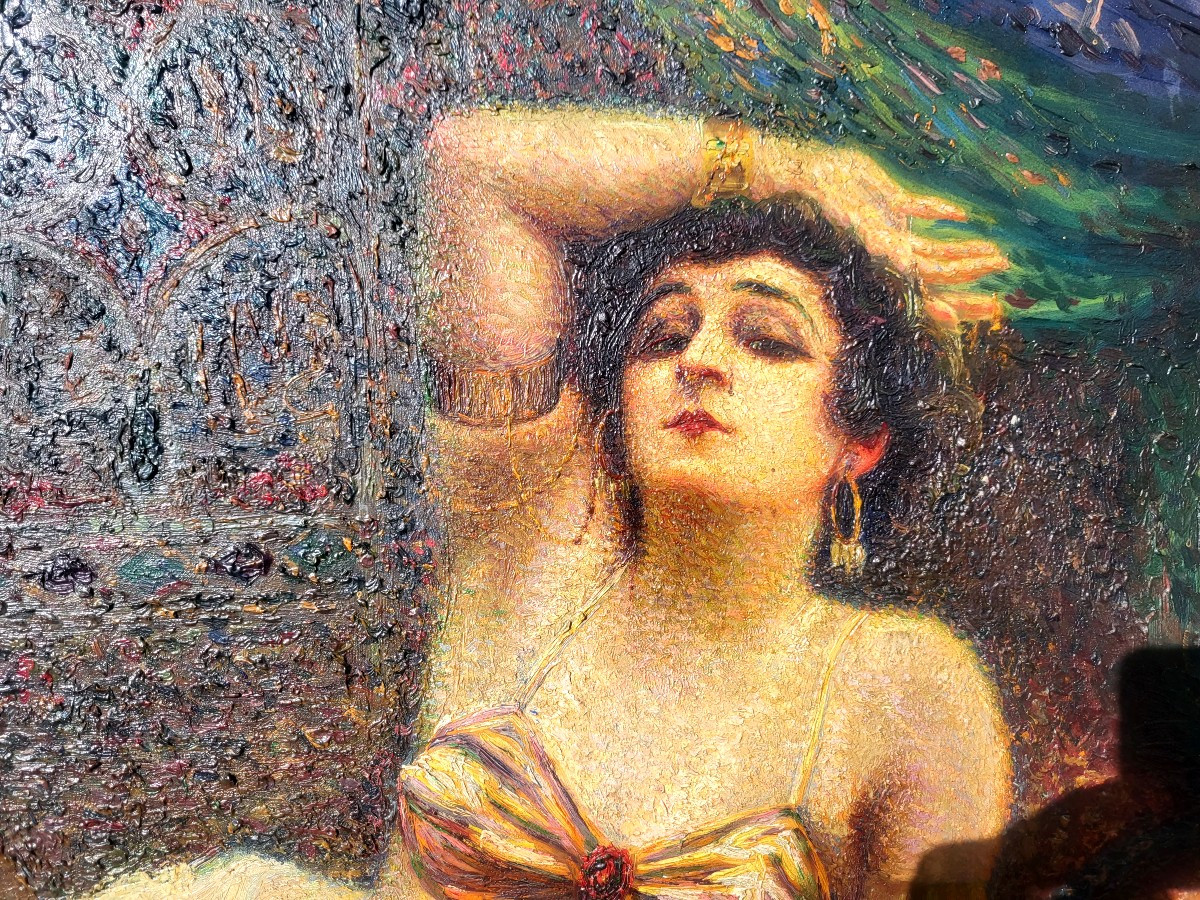 Oil On Panel, Orientalist Style, Reclining Woman, 19th Century-photo-2