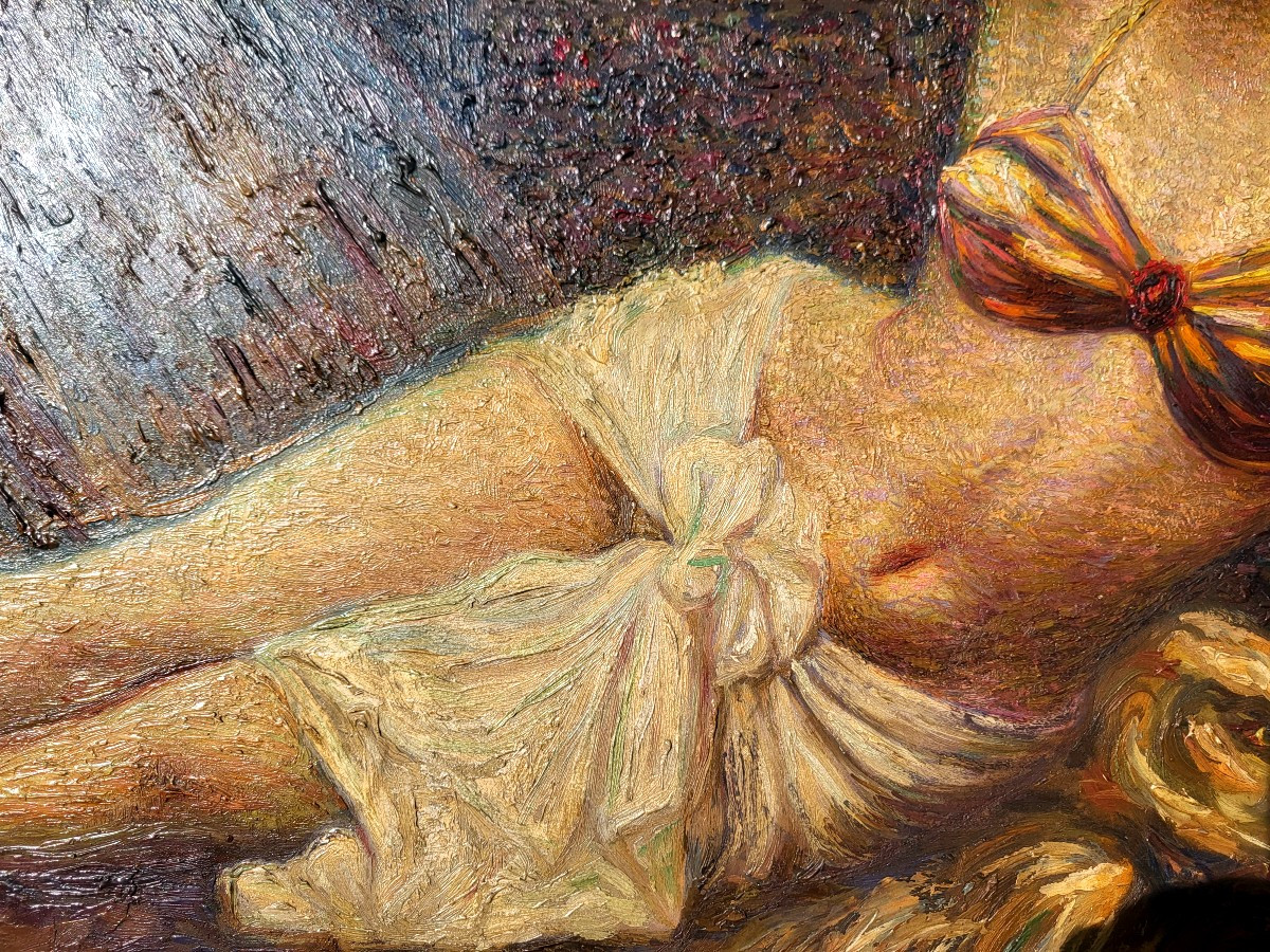 Oil On Panel, Orientalist Style, Reclining Woman, 19th Century-photo-4