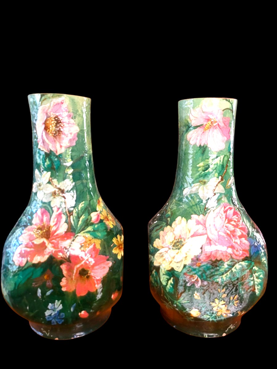 Pair Of Ceramic Vases, Slip Signed Lefront - 19th Century