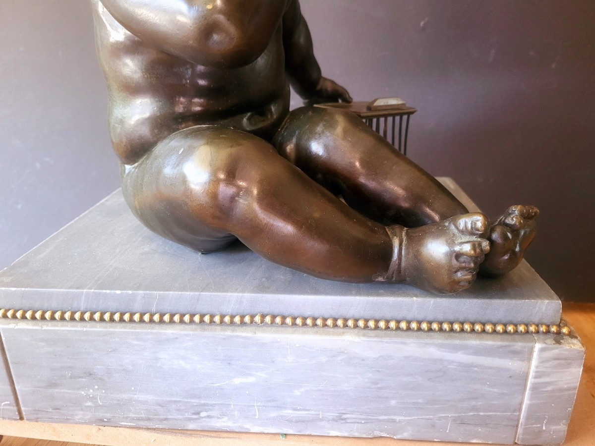 Bronze de grande taille "l'enfant à la cage" sur marbre d'après Jean-Baptiste PIGALLE - XIXeme-photo-4
