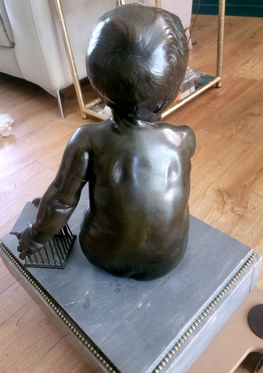 Bronze de grande taille "l'enfant à la cage" sur marbre d'après Jean-Baptiste PIGALLE - XIXeme-photo-4